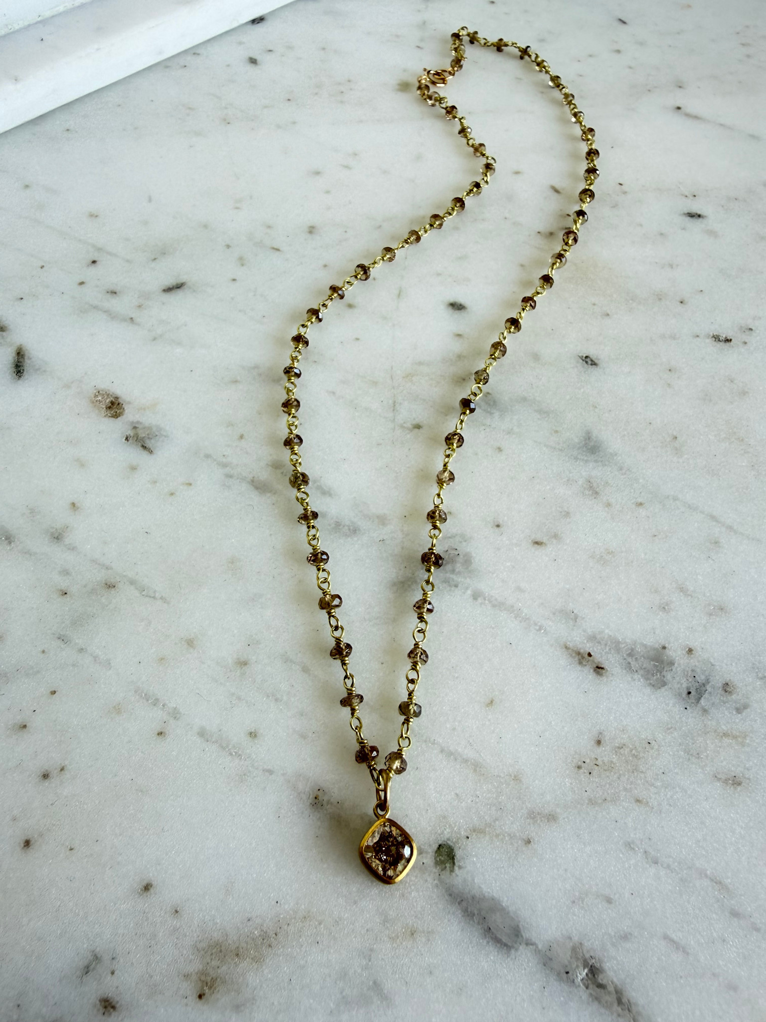 MALLARY MARKS Spun Sugar Necklace - Brown Garnet Beads w/ Champagne Diamond Pendant