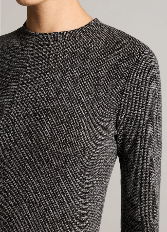 VINCE Houndstooth Italian Cotton-Blend Crew Neck Top - Heather Grey