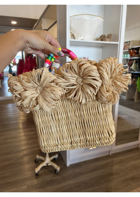 Le Pom Pom Big Box Straw Bag with Roses