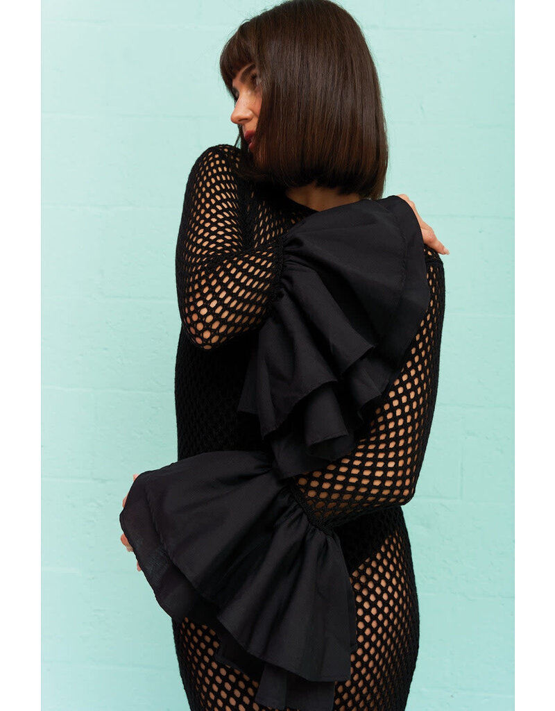 Pitusa Crochet Contrast Ruffle Sleeve Dress