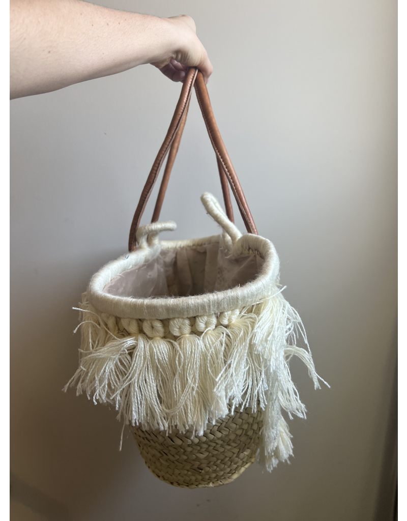 Straw Tassels with Leather Strap Beach Bag