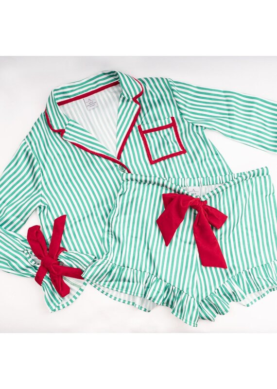 8 Oak Lane Stripe Satin Ruffle Short PJ Set