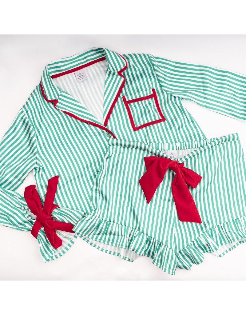 8 Oak Lane Stripe Satin Ruffle Short PJ Set