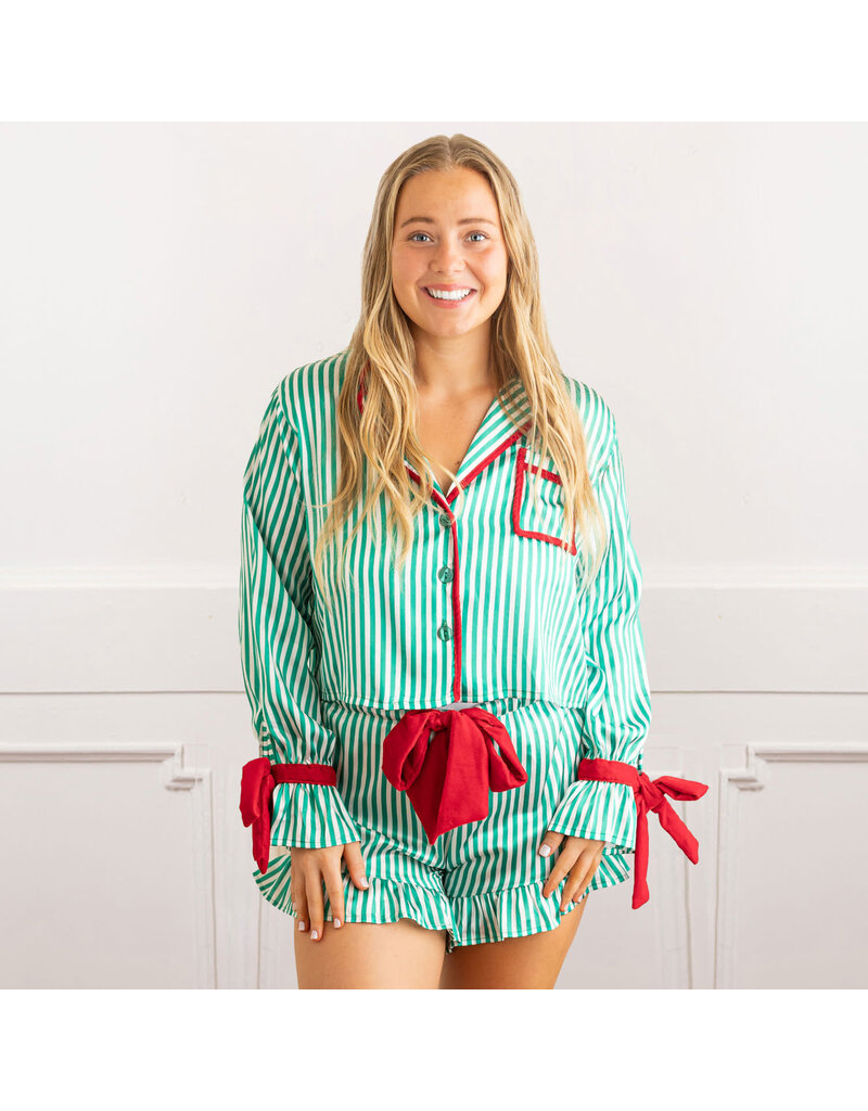 8 Oak Lane Stripe Satin Ruffle Short PJ Set
