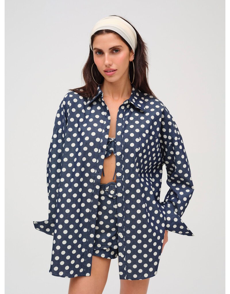 For Love & Lemons Dolly Dot Denim Button-Down Top