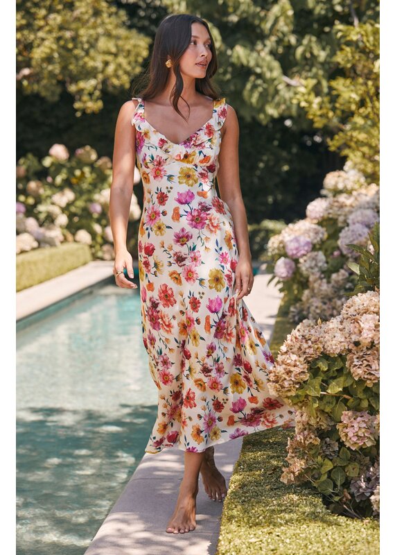 ASTR Zoie Floral Satin Ruffle Dress