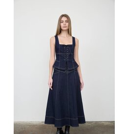 Moon River Lace-Up Detail Denim Midi Skirt