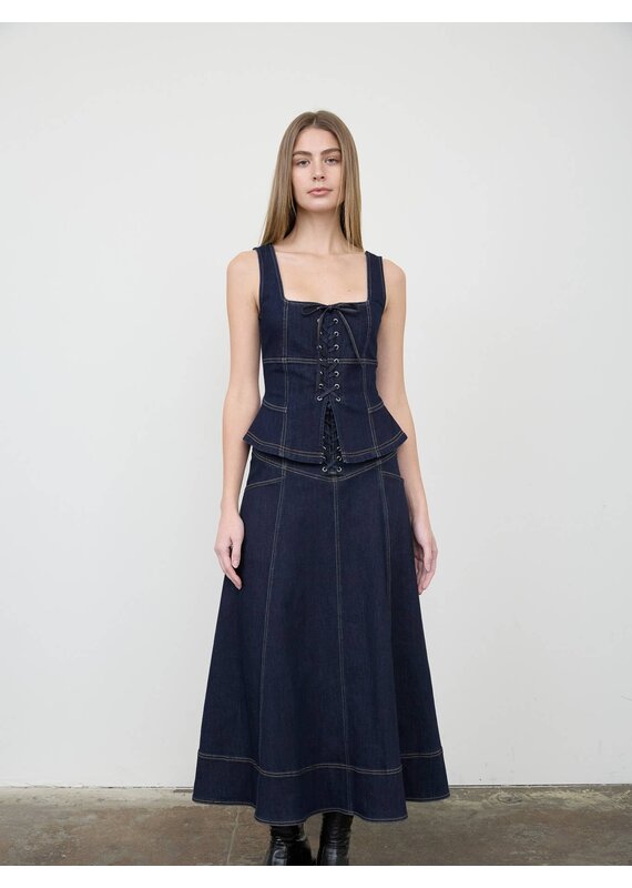 Moon River Lace-Up Detail Denim Midi Skirt