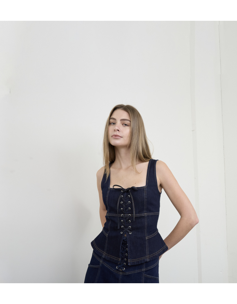 Moon River Lace-Up Detail Denim Corset Top