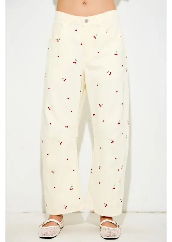 Cherry Print Barrel Jeans