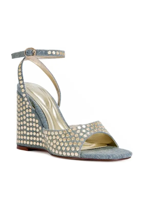 Azalea Wang Matteus Denim Studded Wedge Sandal