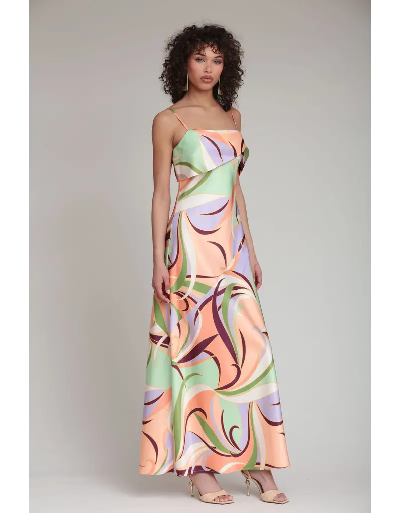Avec Les Filles Printed Bias Cut Satin Maxi Dress
