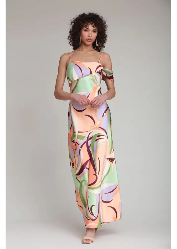 Avec Les Filles Printed Bias Cut Satin Maxi Dress