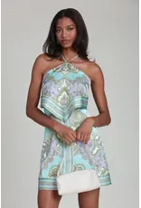 Avec Les Filles Paisley Satin Tiered Halter Neck Mini Dress