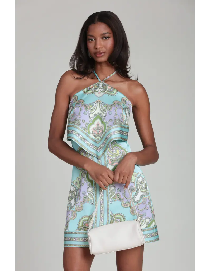 Avec Les Filles Paisley Satin Tiered Halter Neck Mini Dress