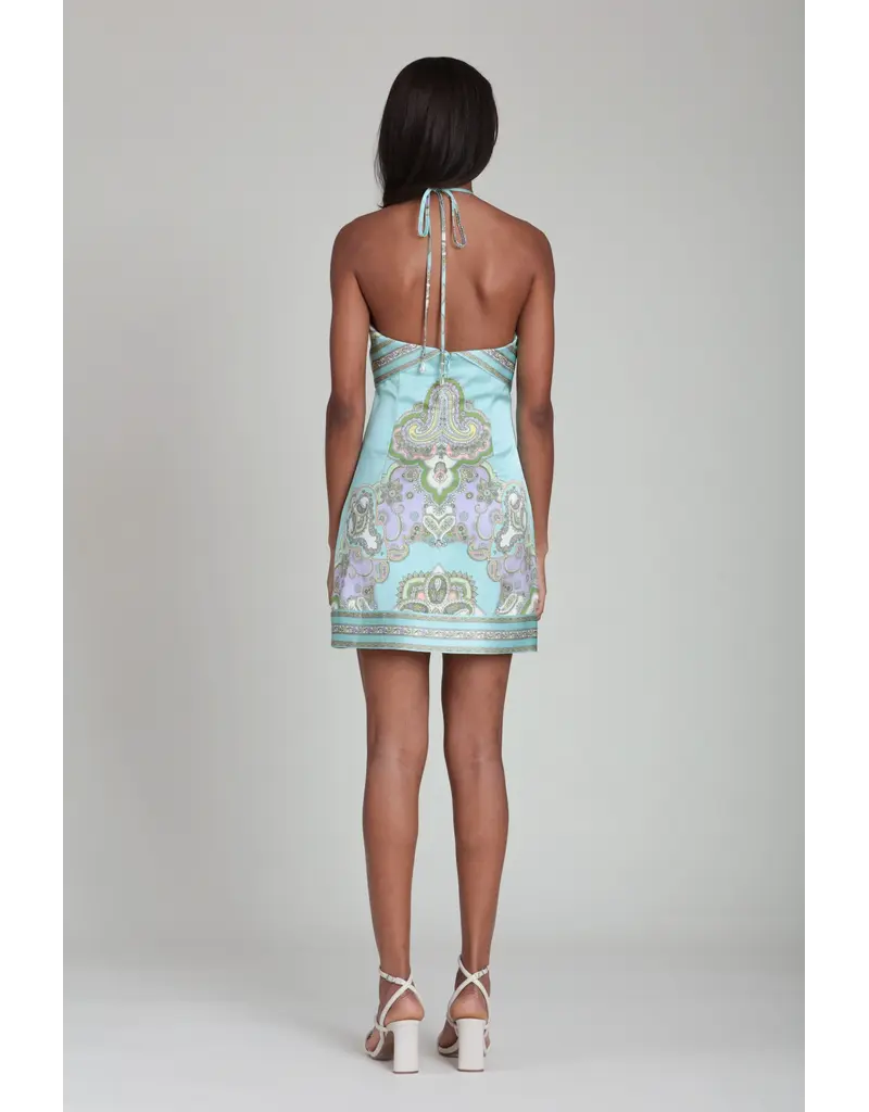 Avec Les Filles Paisley Satin Tiered Halter Neck Mini Dress
