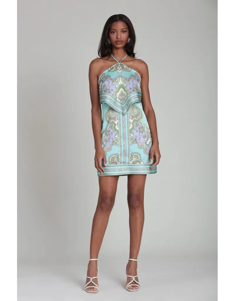 Avec Les Filles Paisley Satin Tiered Halter Neck Mini Dress