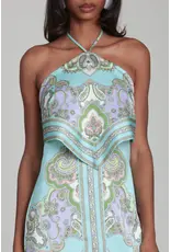 Avec Les Filles Paisley Satin Tiered Halter Neck Mini Dress