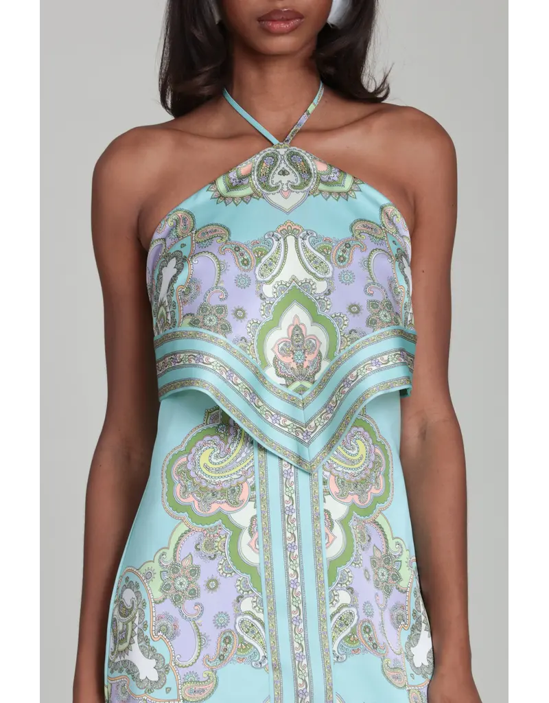 Avec Les Filles Paisley Satin Tiered Halter Neck Mini Dress