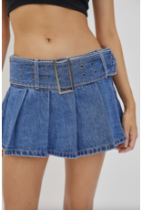 Cello Jeans Low-Waisted Pleated Mini Skirt with Denim Belt