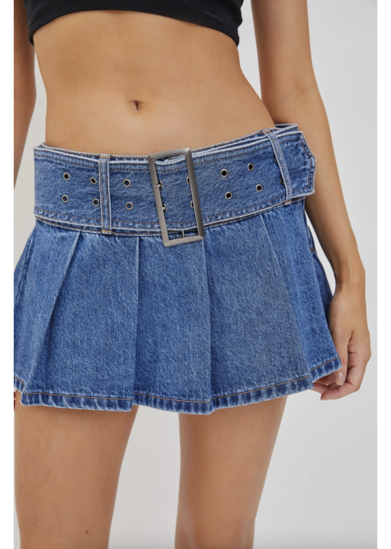 Cello Jeans Low-Waisted Pleated Mini Skirt with Denim Belt