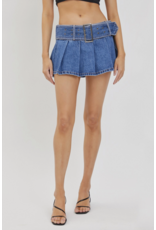 Cello Jeans Low-Waisted Pleated Mini Skirt with Denim Belt