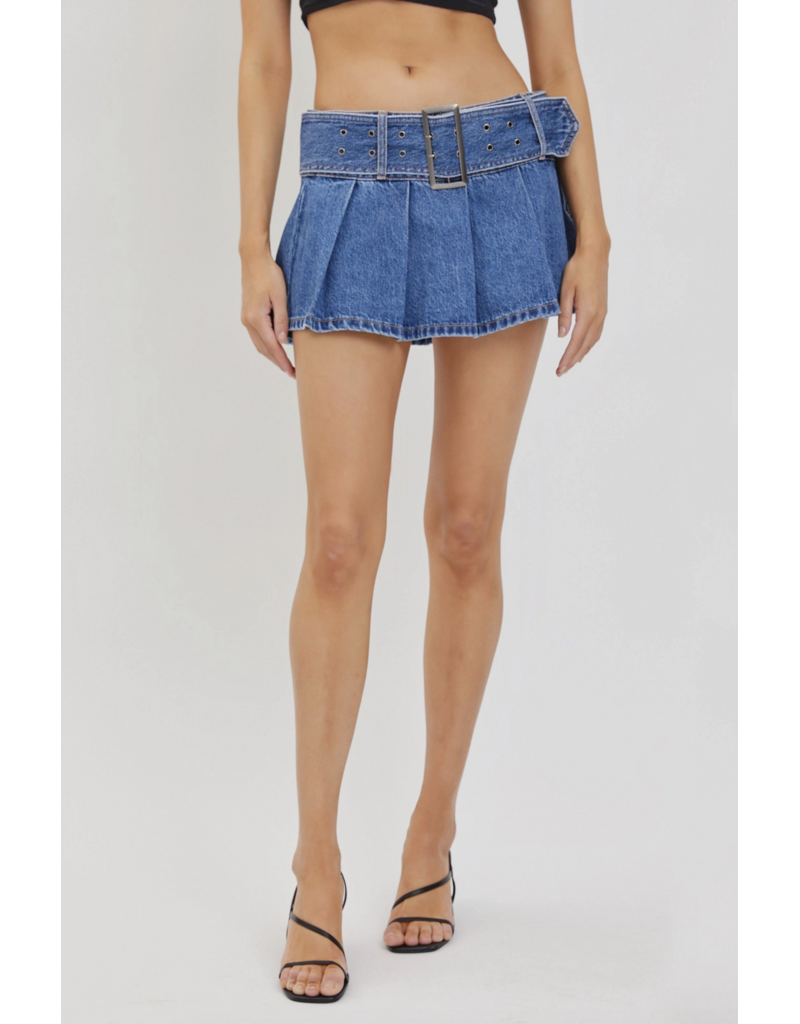 Cello Jeans Low-Waisted Pleated Mini Skirt with Denim Belt
