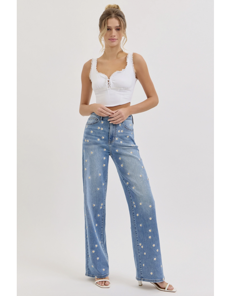 Cello Jeans High Rise Embroidered Wide Leg Jean