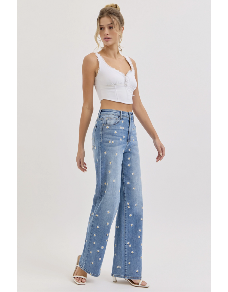 Cello Jeans High Rise Embroidered Wide Leg Jean