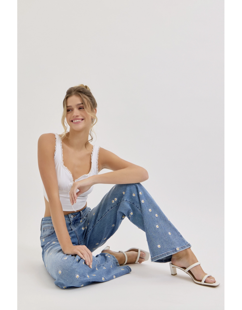Cello Jeans High Rise Embroidered Wide Leg Jean