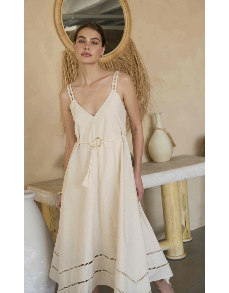 Moon River Ashley Asymmetric Belted Midi Dress