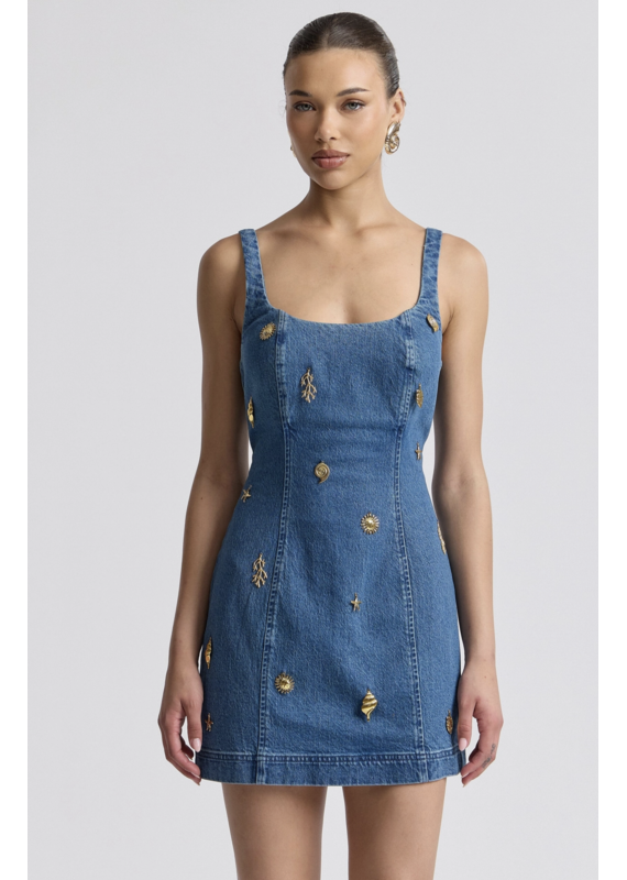 Avec Les Filles Stretch Denim Charm Embellished Bodycon Mini Dress