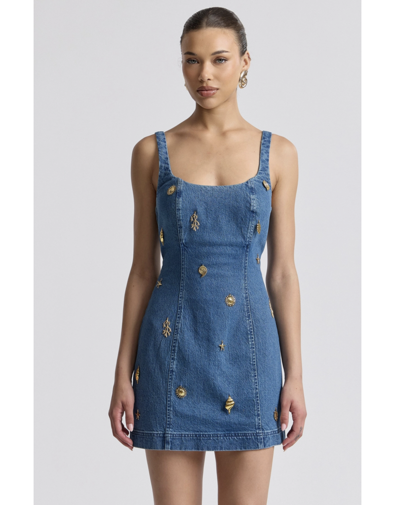 Avec Les Filles Stretch Denim Charm Embellished Bodycon Mini Dress