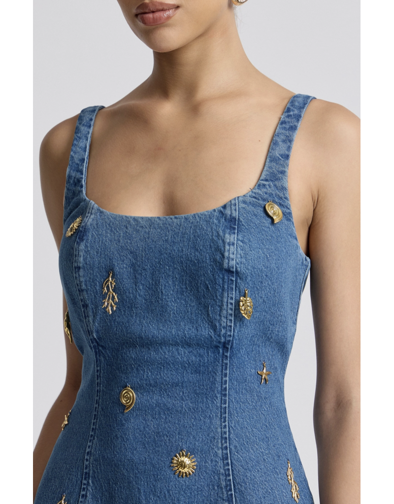 Avec Les Filles Stretch Denim Charm Embellished Bodycon Mini Dress