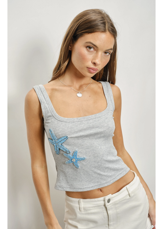 Pretty Garbage Elin Starfish Beaded Ribbed Tank Top