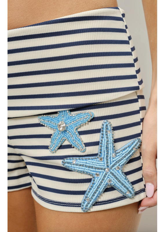 Pretty Garbage Olin Striped Starfish Beaded Shorts