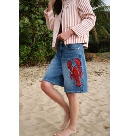 Avec Les Filles Lobster Embroidered Stretch Denim Shorts