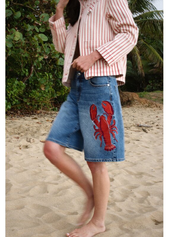 Avec Les Filles Lobster Embroidered Stretch Denim Shorts