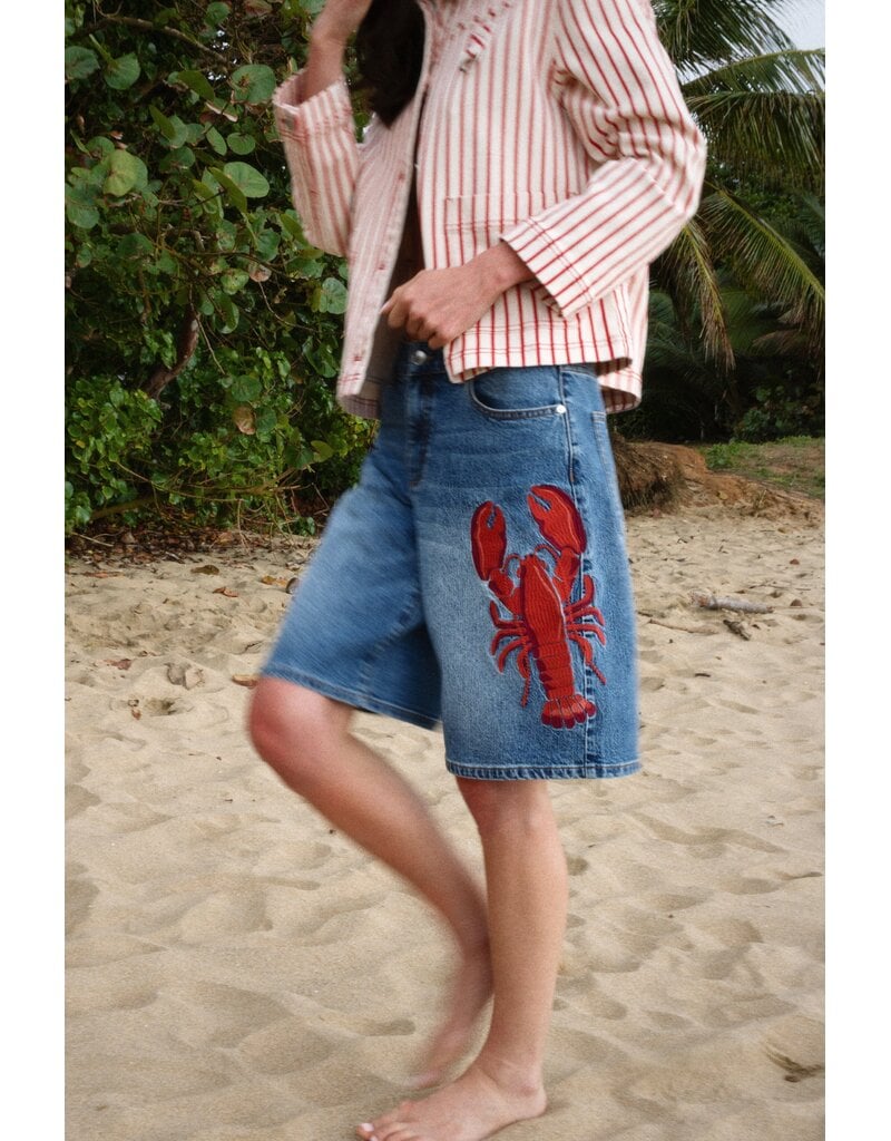 Avec Les Filles Lobster Embroidered Stretch Denim Shorts