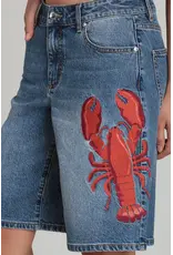 Avec Les Filles Lobster Embroidered Stretch Denim Shorts