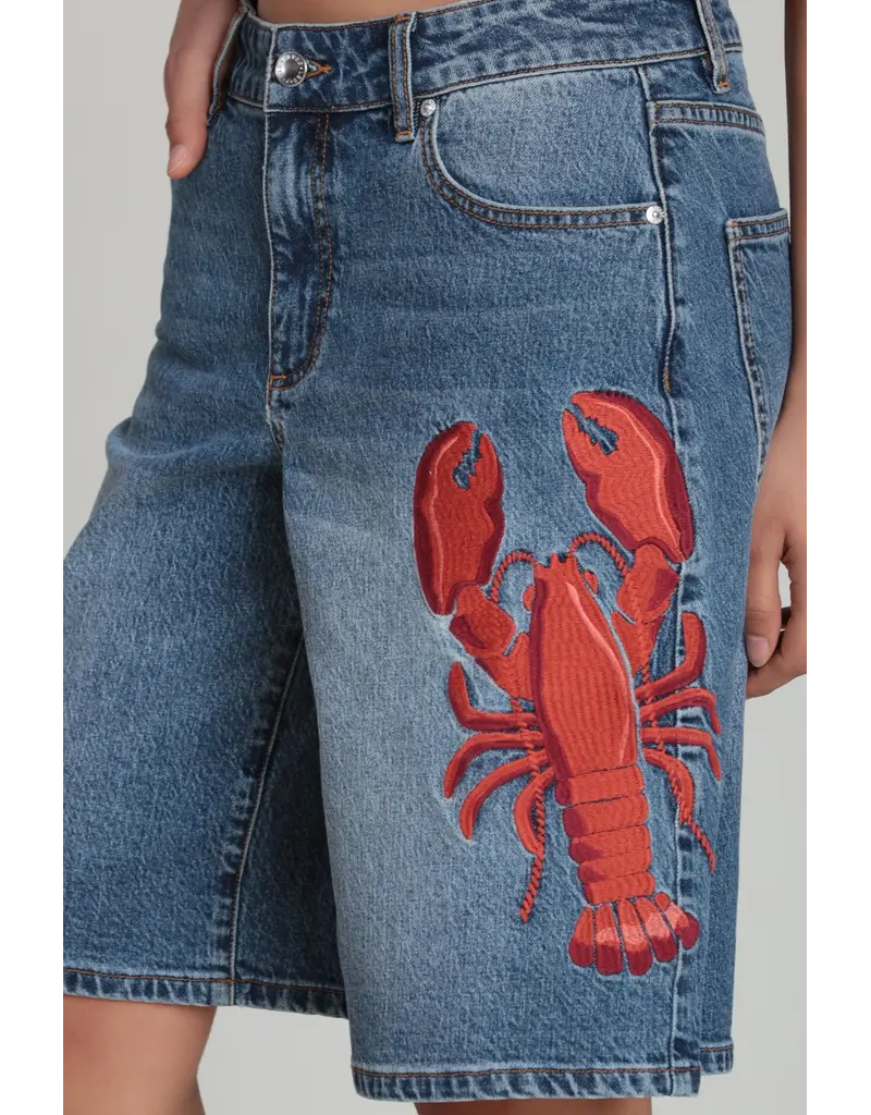 Avec Les Filles Lobster Embroidered Stretch Denim Shorts