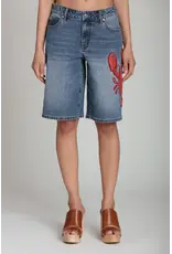 Avec Les Filles Lobster Embroidered Stretch Denim Shorts