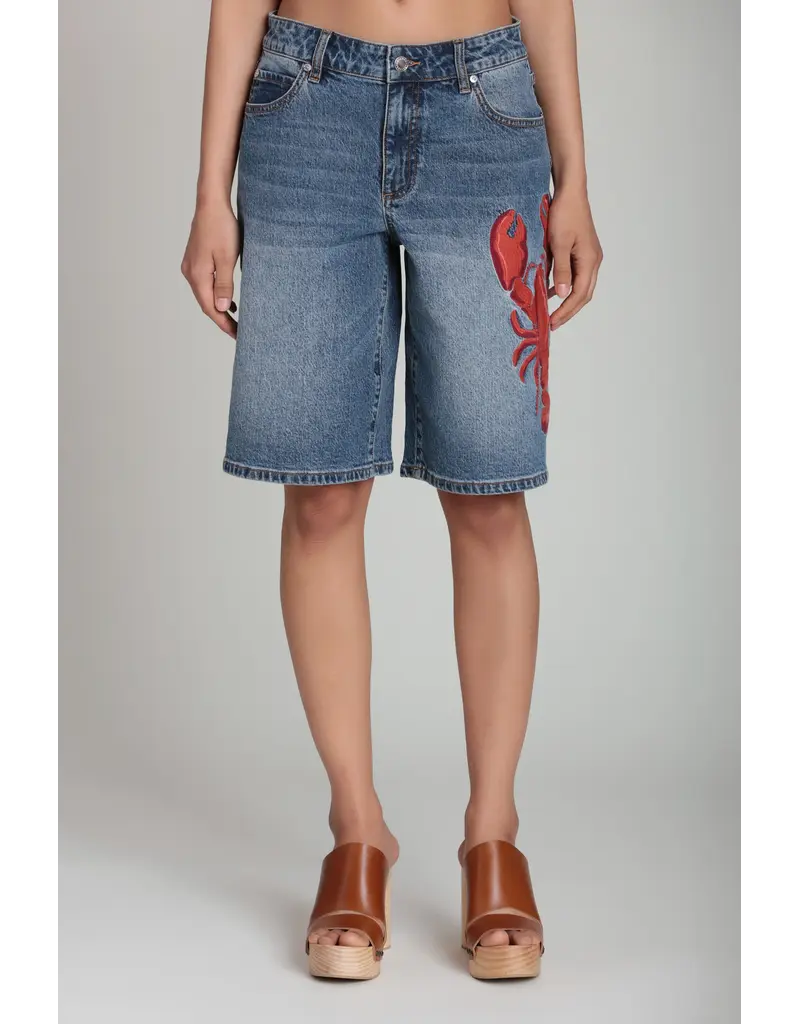 Avec Les Filles Lobster Embroidered Stretch Denim Shorts