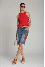 Avec Les Filles Lobster Embroidered Stretch Denim Shorts