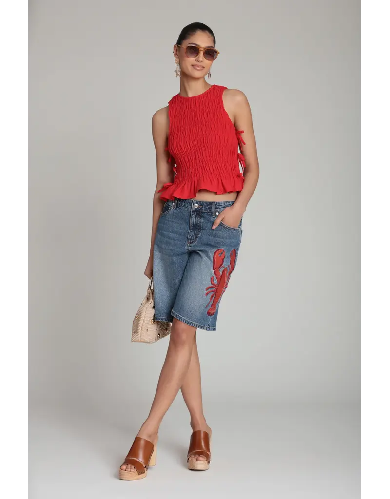 Avec Les Filles Lobster Embroidered Stretch Denim Shorts