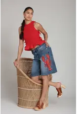 Avec Les Filles Lobster Embroidered Stretch Denim Shorts