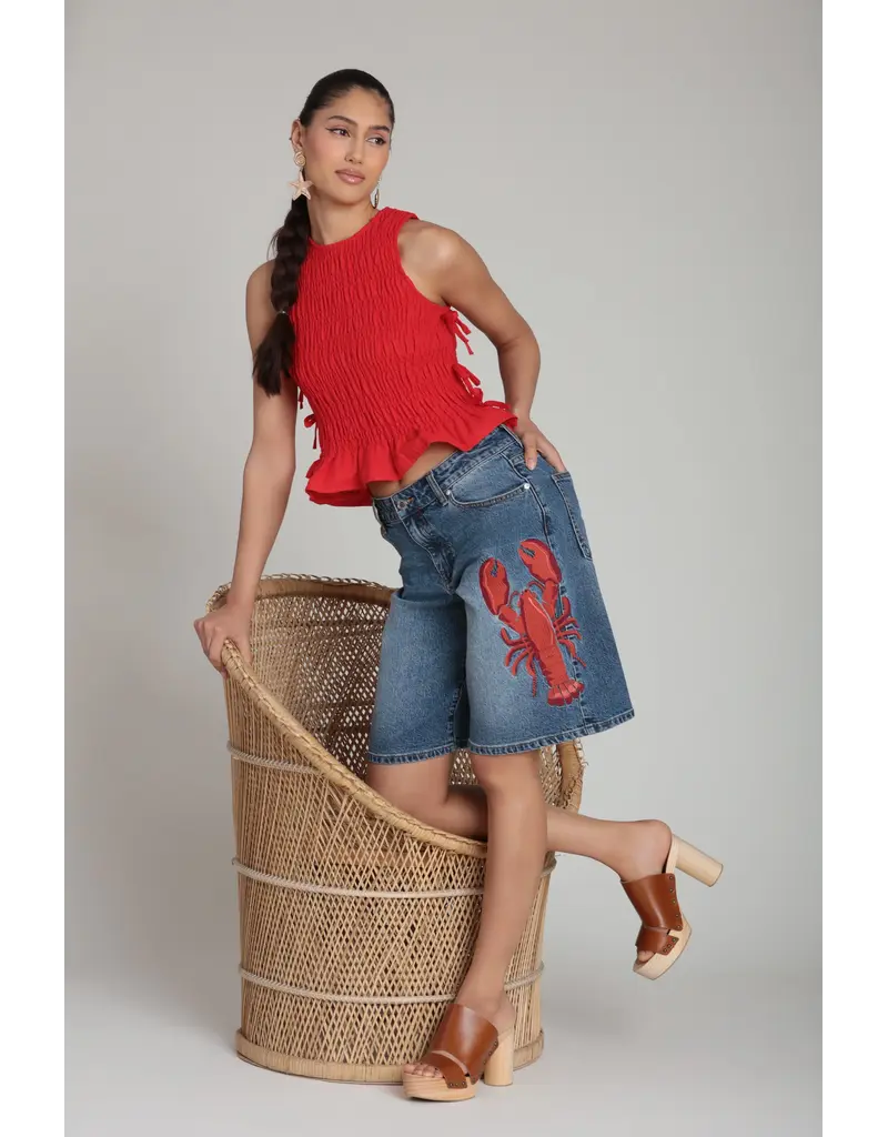 Avec Les Filles Lobster Embroidered Stretch Denim Shorts
