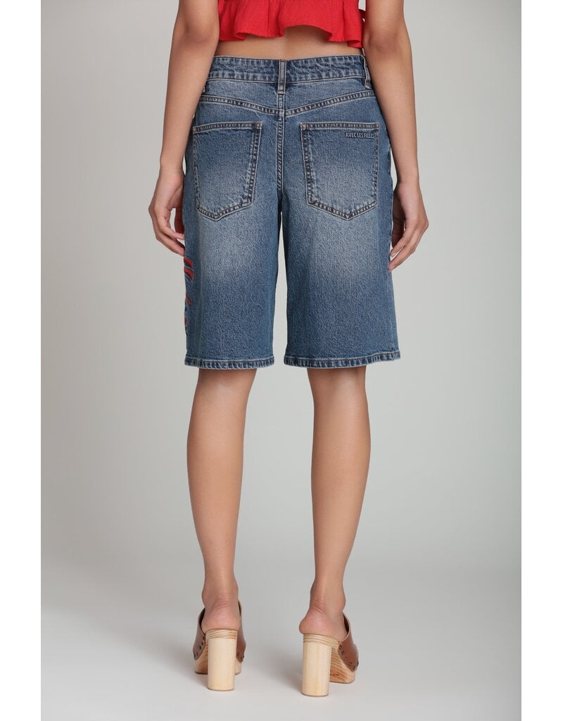 Avec Les Filles Lobster Embroidered Stretch Denim Shorts