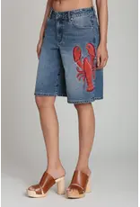 Avec Les Filles Lobster Embroidered Stretch Denim Shorts