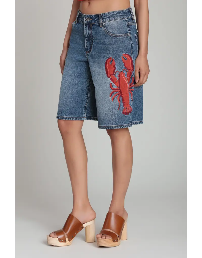 Avec Les Filles Lobster Embroidered Stretch Denim Shorts